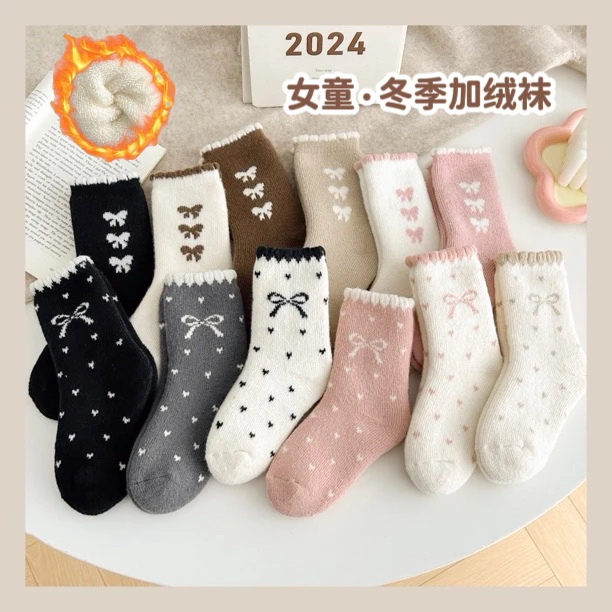 女童冬季加绒加厚保暖长筒袜韩版蝴蝶结秋冬季毛绒袜雪地袜不掉筒