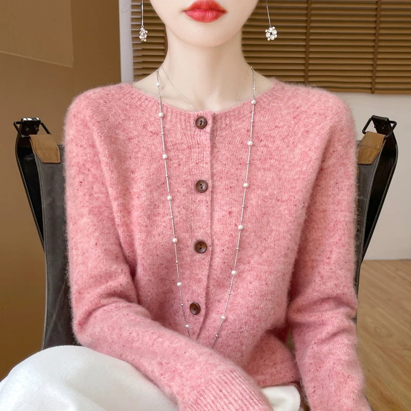 云朵般软糯一线成衣100纯羊毛开衫 圆领点子纱毛衣宽松针织女外套