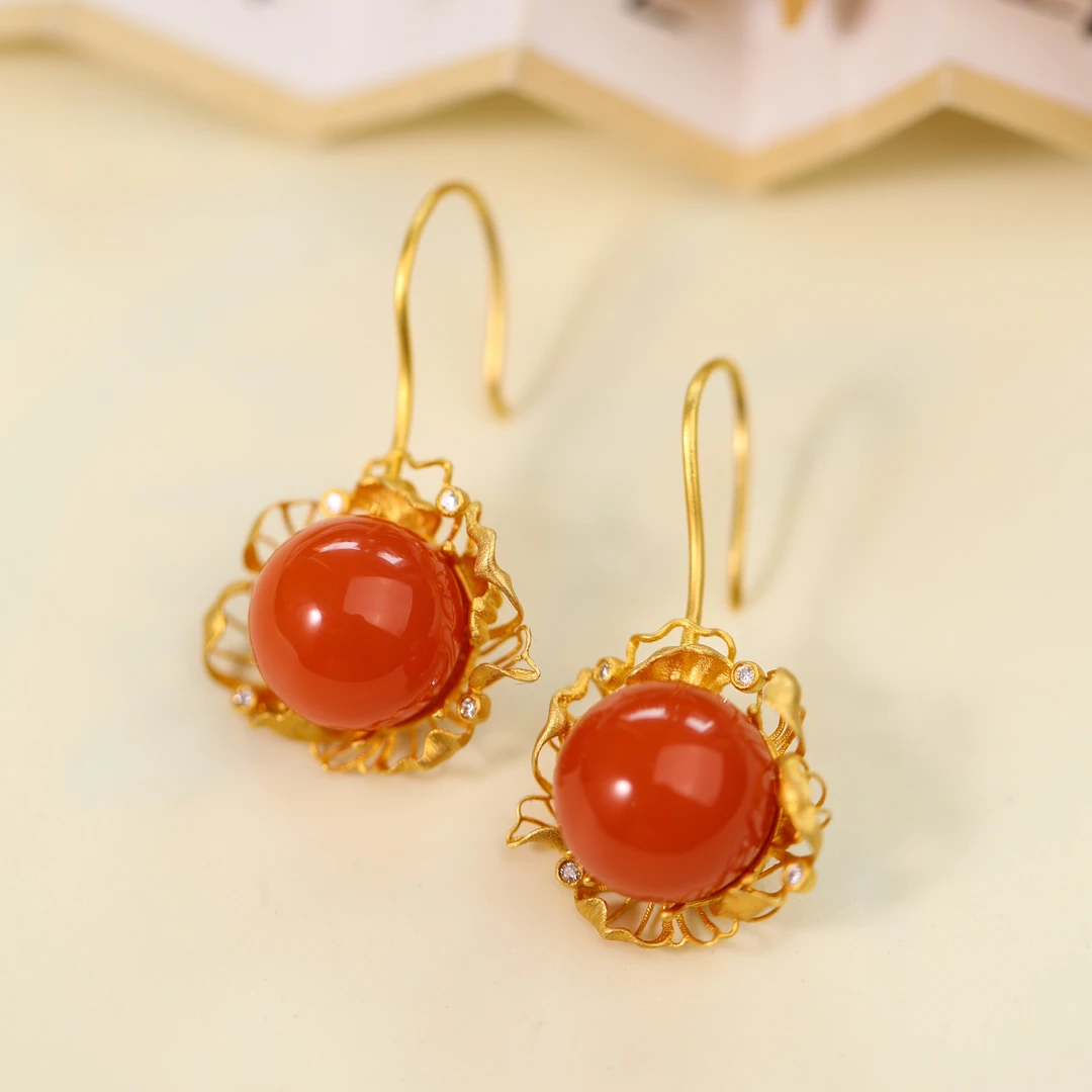 【华朱】原创国风新中式定制珠宝 18k金镶南红圆珠耳饰