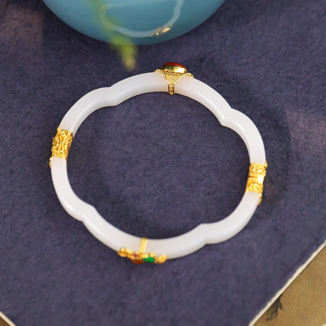 【海棠饶】原创国风新中式定制珠宝18k金镶和田手镯