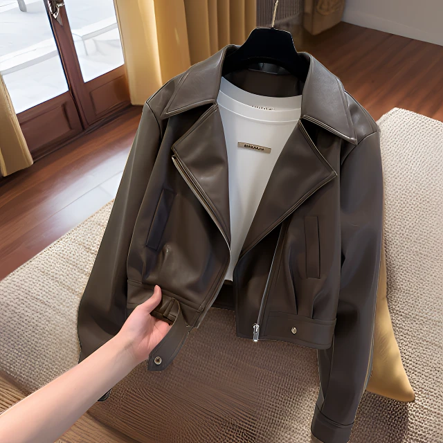 百搭显瘦夹克短款皮衣外套女春秋时尚显瘦皮衣气质翻领小个子PU皮