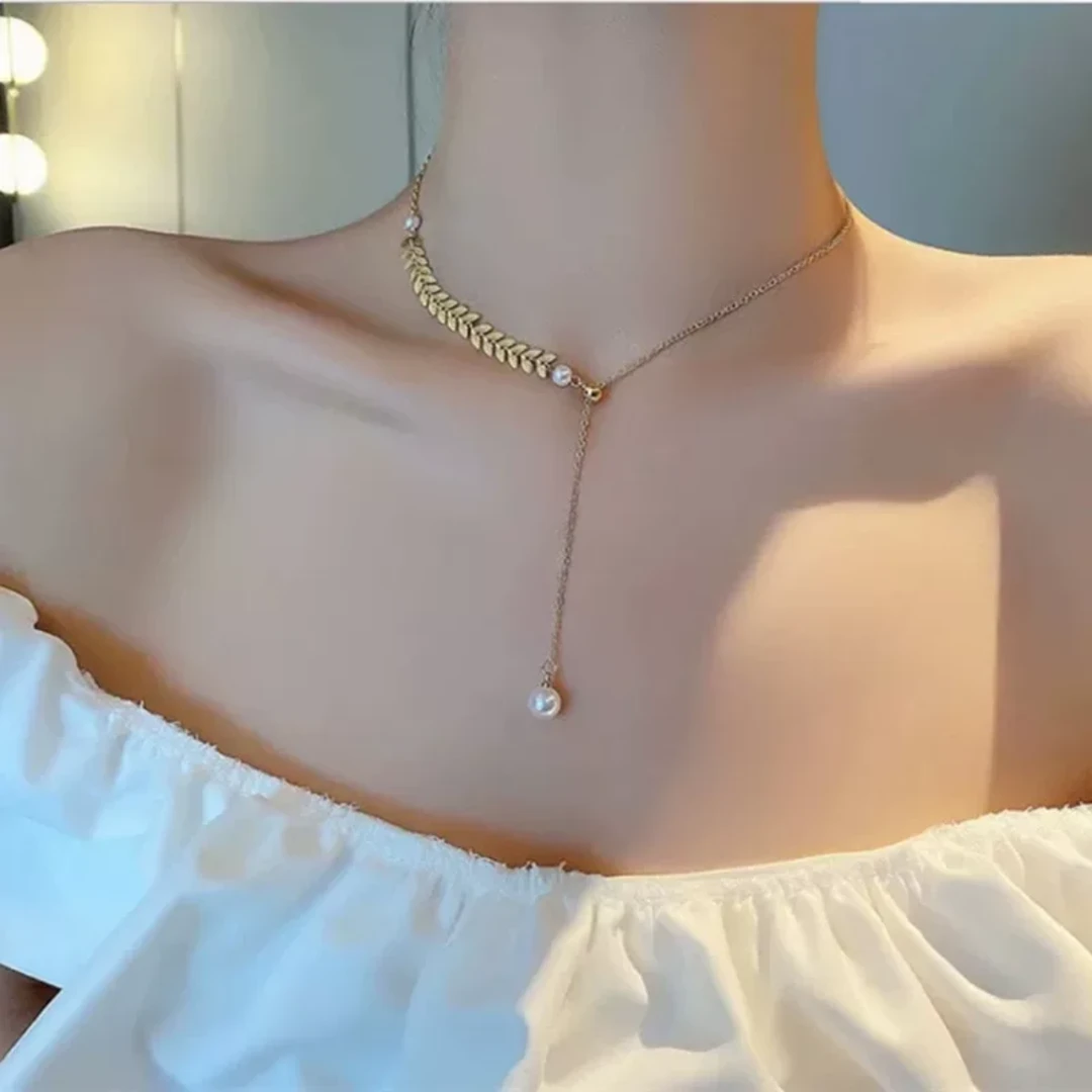 钛钢项链 钛钢项链 简约法式麦穗米珠项链0375