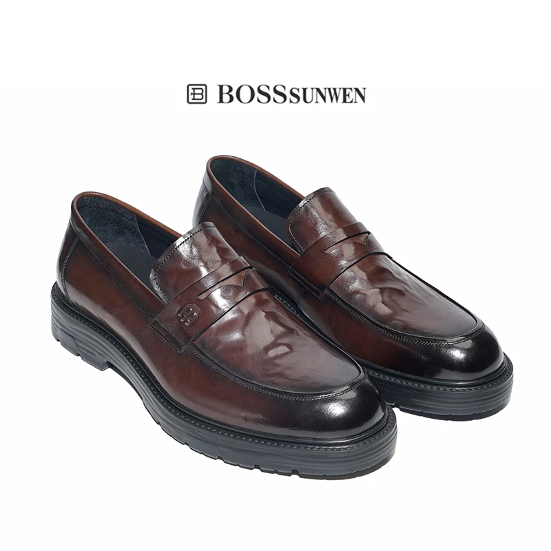 BOSSSUNWEN/博斯·绅威英伦风乐福鞋男一脚蹬真皮鞋男休闲乐福鞋