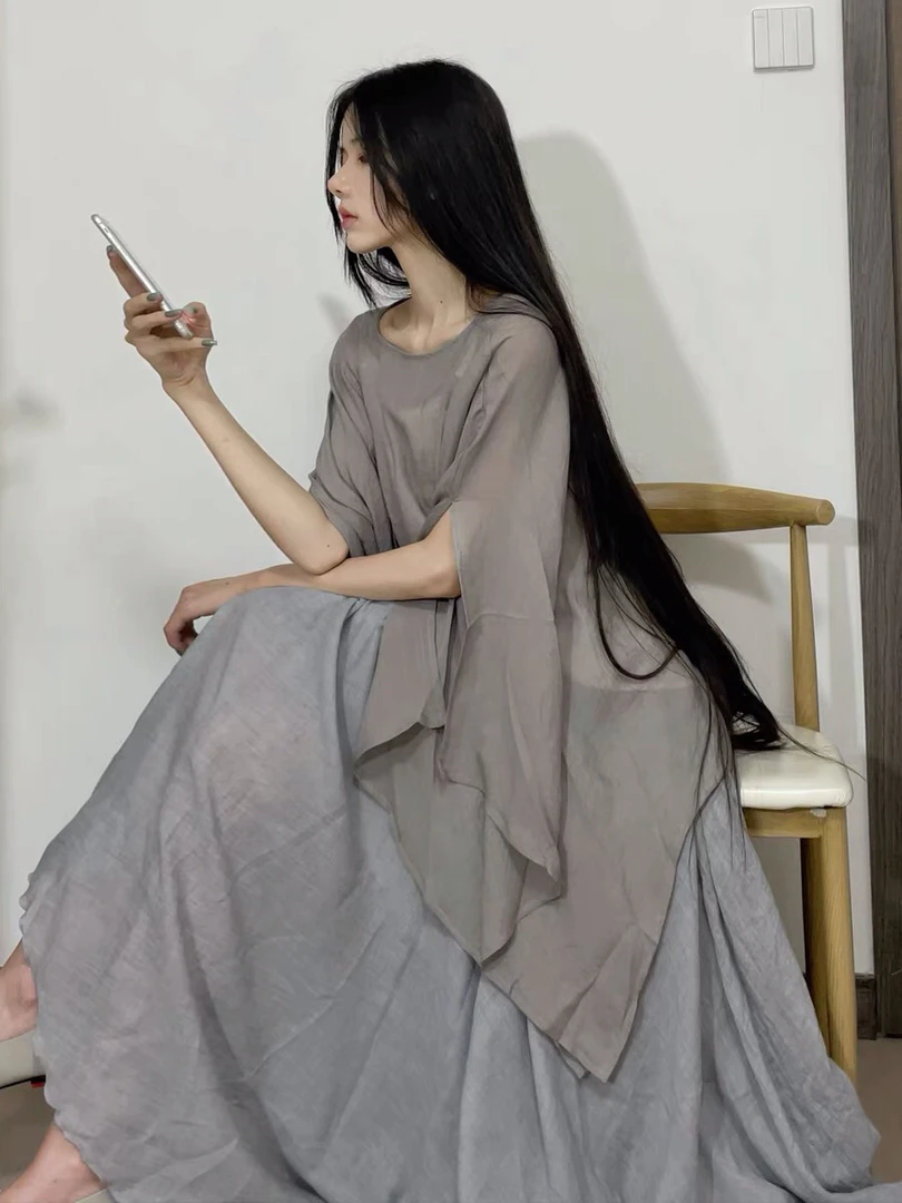 烟灰色夏季薄款肌理纹天丝苎麻 茶歇服蝙蝠衫半裙面料透气舒适