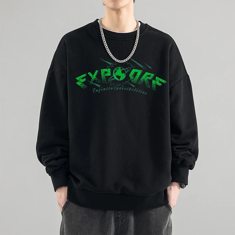 迈特优春秋百搭宽松港风ins韩版加绒圆领印花男士潮流长袖1065