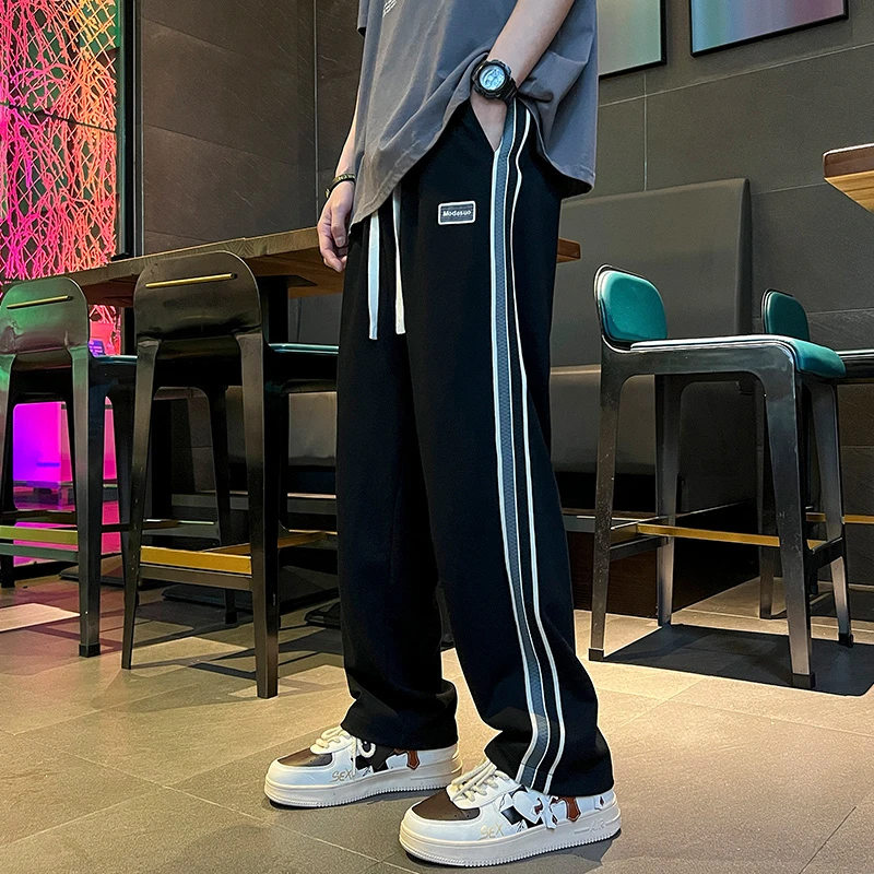 迈特优夏季潮流薄款男士运动直筒百搭阔腿高街条纹拼接休闲裤