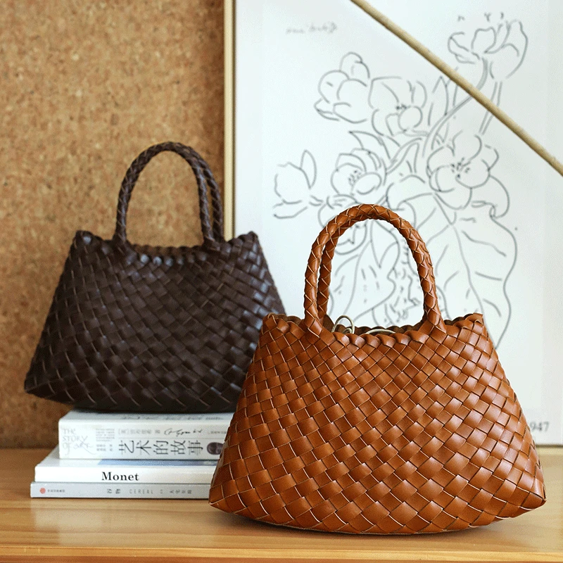如柒头层牛皮手工编织包复古小众高级感百搭手提包包菜篮子腋下包