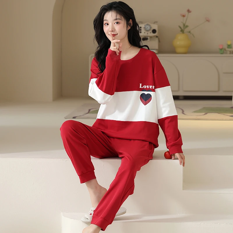 2023年春秋季新款长袖纯棉睡衣女士时尚休闲可外穿圆领家居服套装