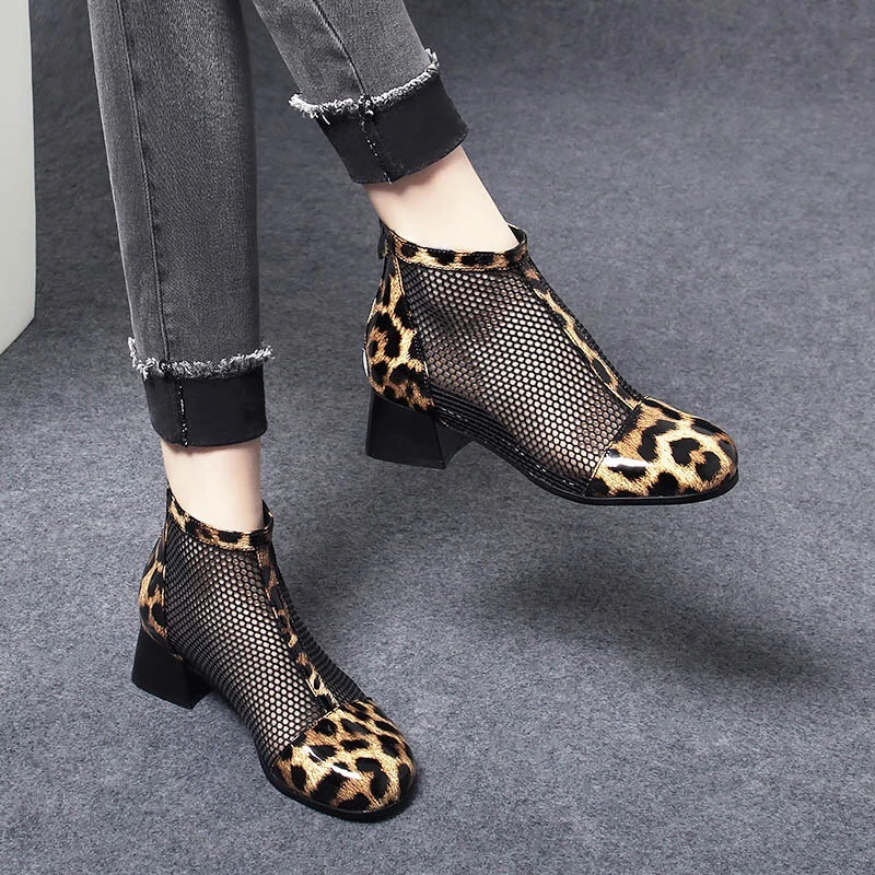 2024年新款春夏季网格镂空短靴网靴子漆皮网纱凉靴女鞋圆头豹纹靴