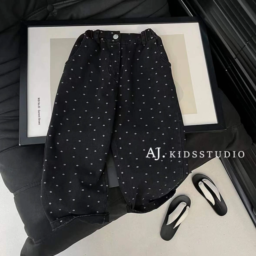 童装2024秋款儿童韩版小花朵牛仔裤男童女童休闲印花直筒裤