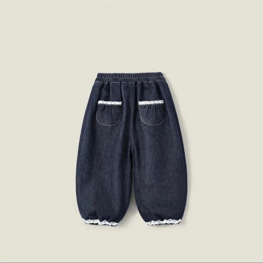 女童花边收脚牛仔裤2024秋季新款中小童韩版洋气百搭拼接束脚裤潮
