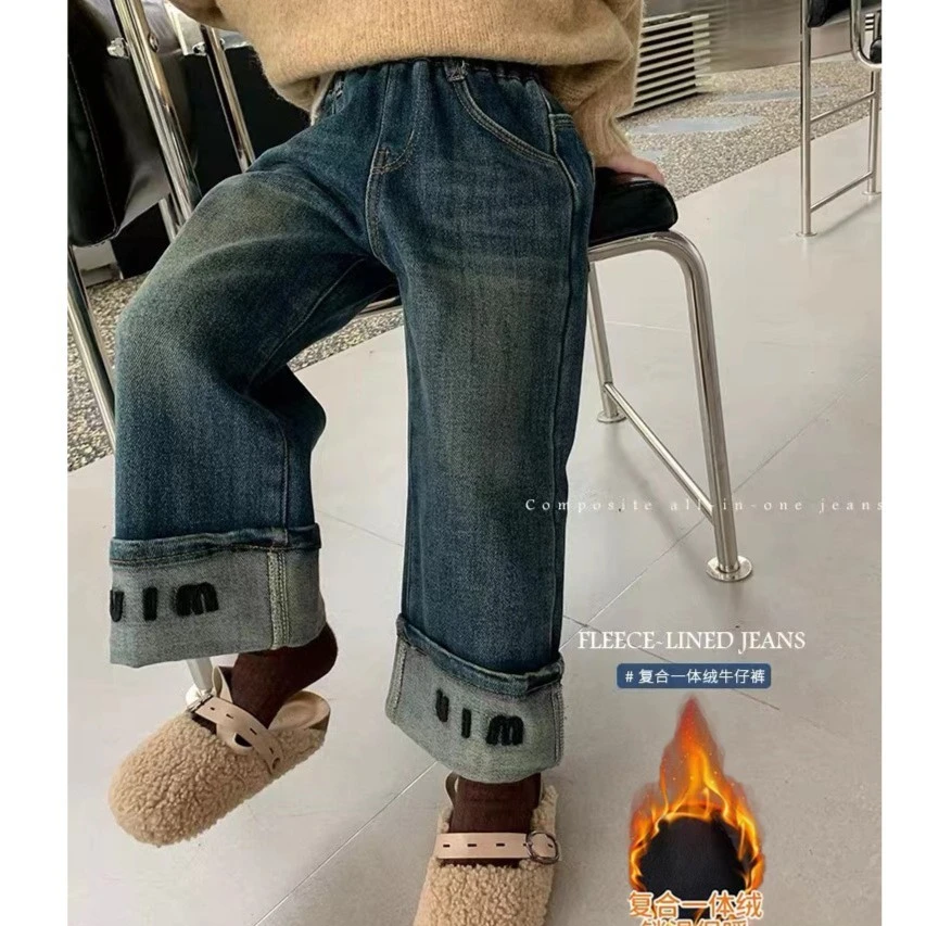 女童加绒裤子冬装2024新款洋气一体绒小女孩直筒裤加厚儿童牛仔裤
