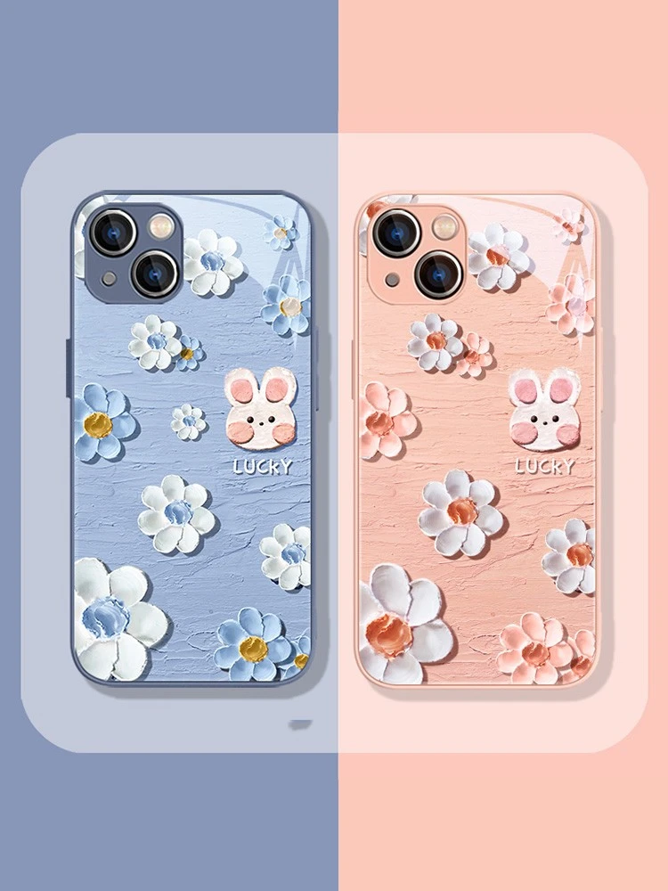 适用苹果15/华为mate60/小米14/oppo/vivo油画兔子花朵颜值手机壳