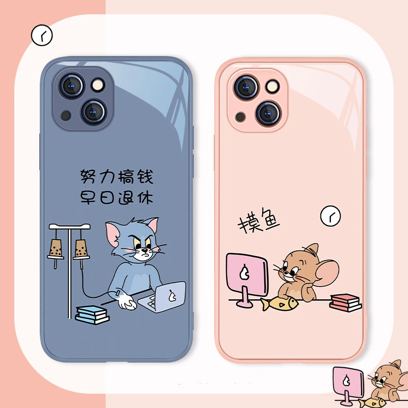 适用于苹果/华为/小米/oppo/vivo搞怪猫和老鼠卡通网红玻璃手机壳