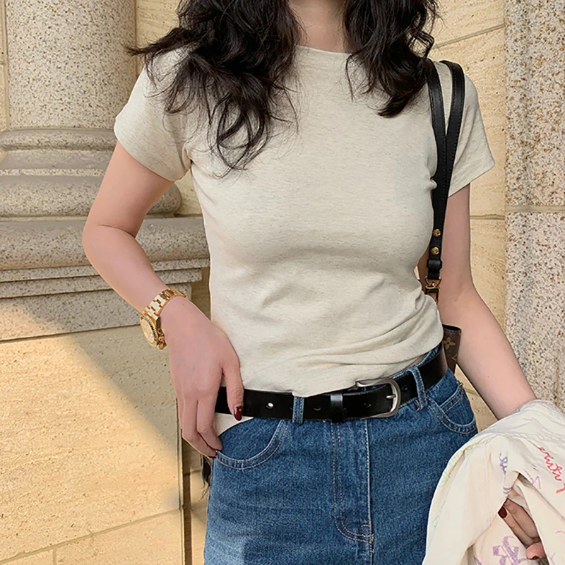 美式辣妹白色短袖正肩t恤女春夏2025新款修身显瘦小个子短款上衣