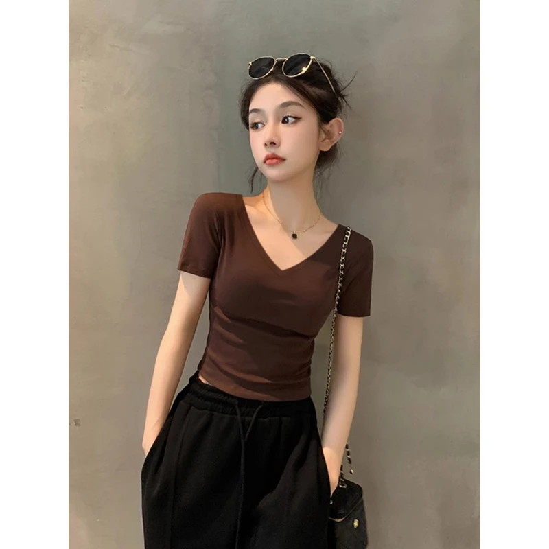 2026新款夏季咖色人棉v领短袖T恤女薄款露脐高腰性感打底上衣潮