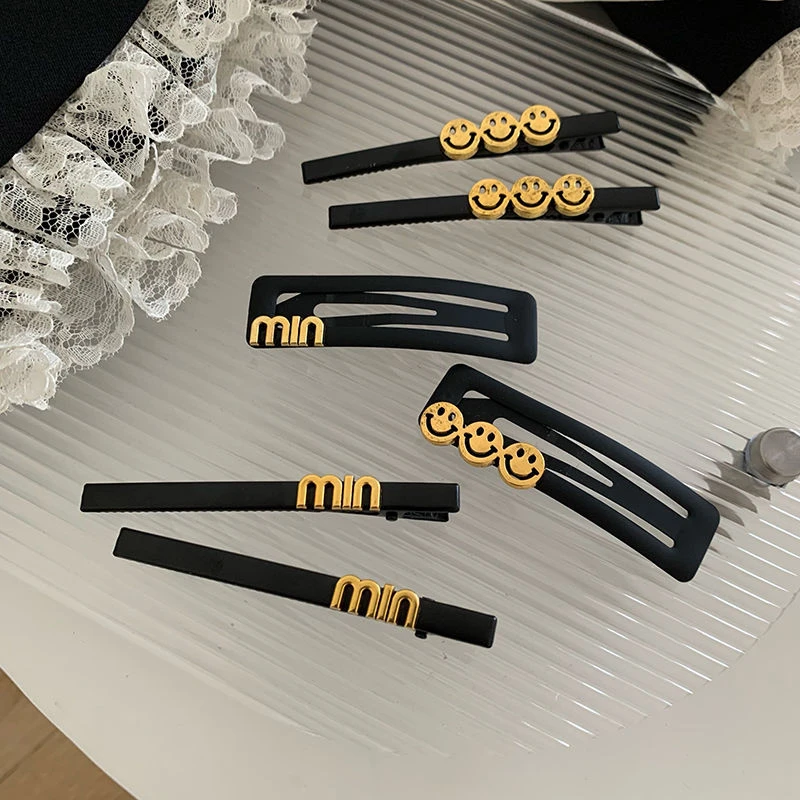 黑色字母min笑脸发夹法式复古一字夹侧边夹ins小香风刘海高级感