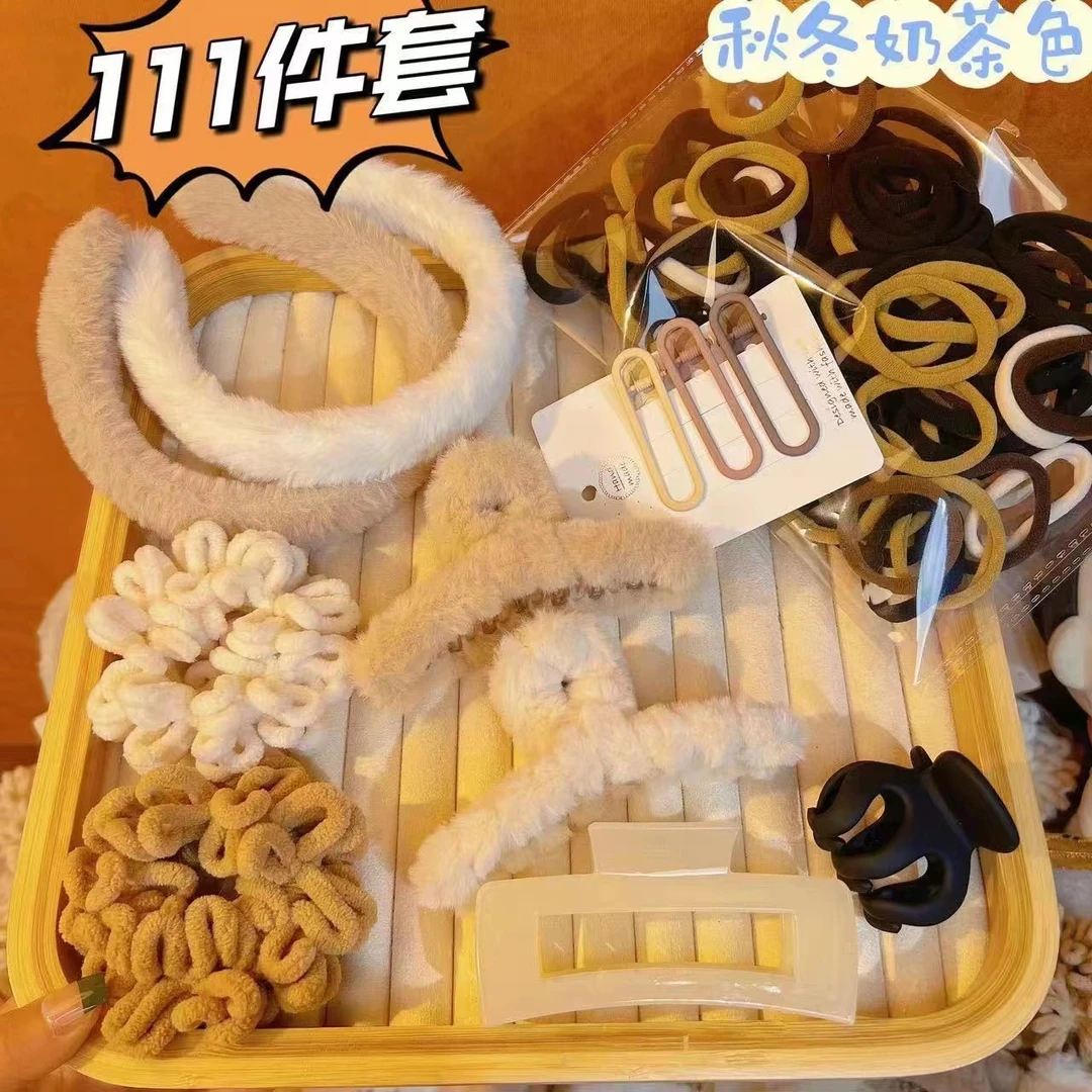 【111件套】毛绒发箍泡面圈抓夹弹力发夹头饰皮筋套组发卡发饰网红