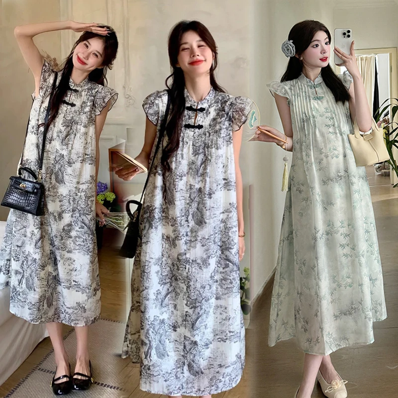 【LUCK WE】孕妇装夏装时尚中国风水墨画连衣裙飞飞袖孕妇背心裙