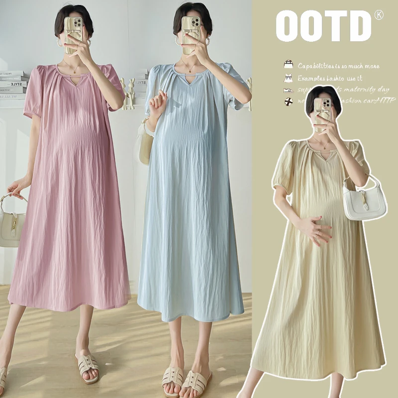 【LUCK WE】夏季孕妇装新款法式V领气质连衣裙宽松大码孕妇休闲裙