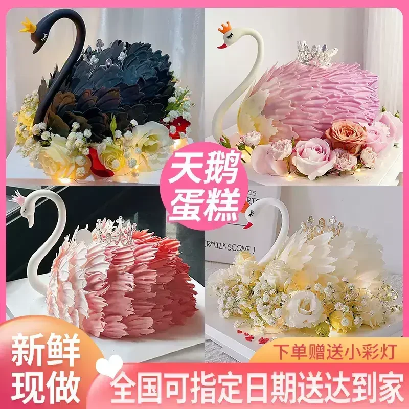 抖音团购高颜值生日蛋糕黑白天鹅款全国门店同城烘焙当天配送上门