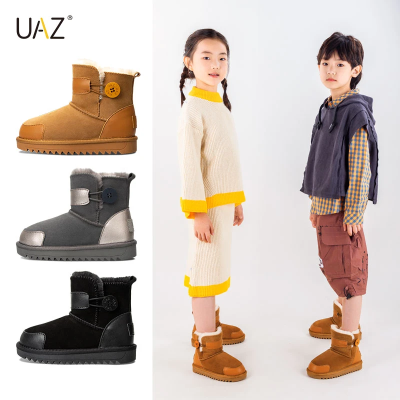 UAZ童鞋男童6-12岁儿童雪地靴冬季真皮加绒加厚防滑女童中筒棉鞋