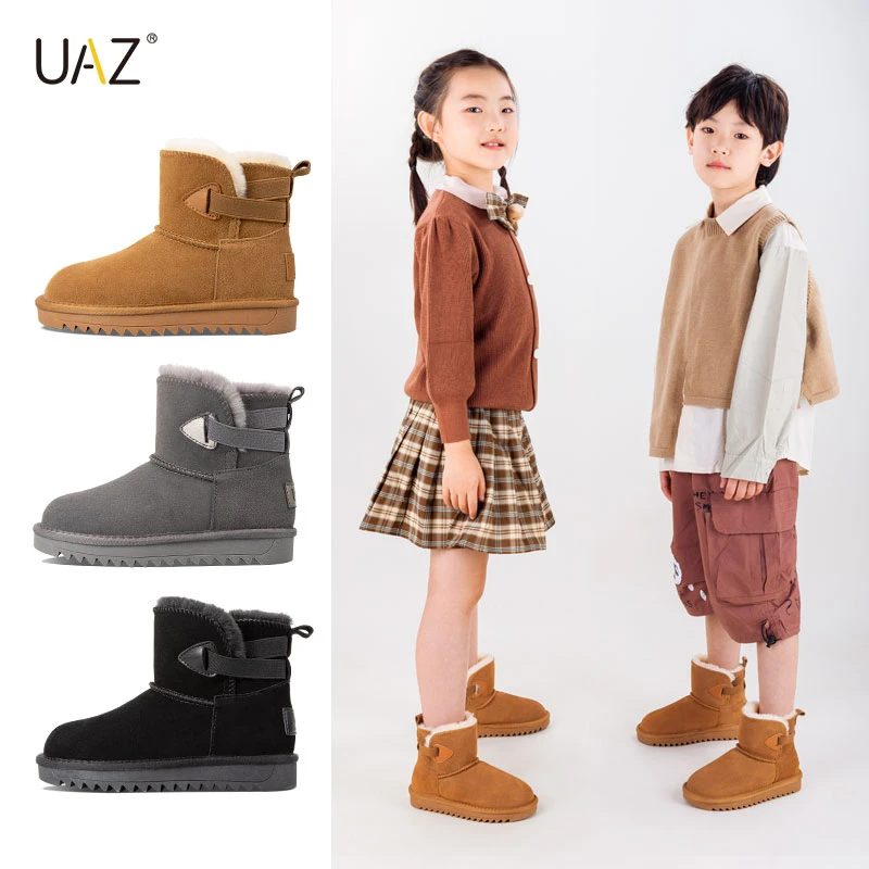 UAZ童鞋真皮儿童雪地靴加绒加厚防滑保暖棉鞋女童男童中筒高帮