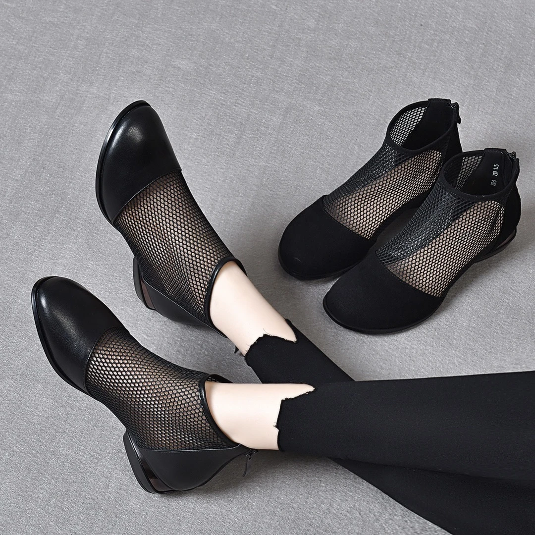 夏季百搭时尚透气网靴春夏网面低跟软底时装罗马风格凉靴女跟鞋