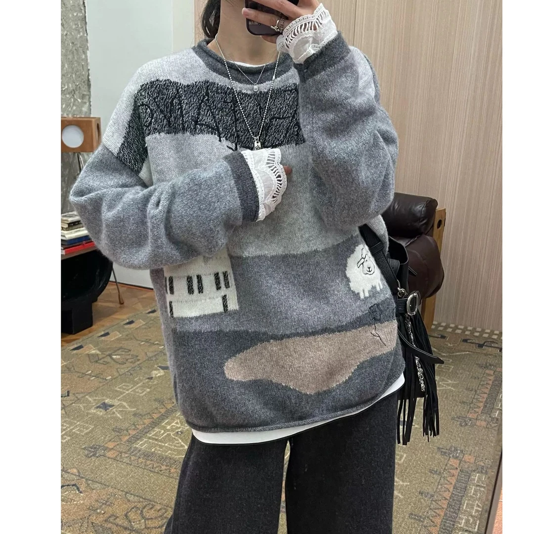 【no退no换 谨慎下单】圆领卡通小绵羊提花撞色长袖针织衫 UX9828