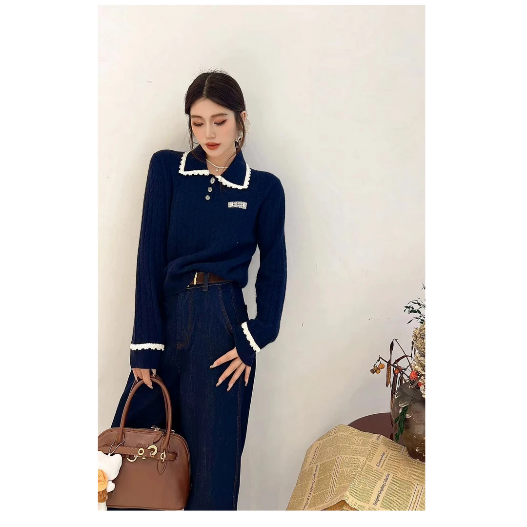 2024冬季新款复古学院风拼色花边翻领显瘦山羊绒针织衫82A655