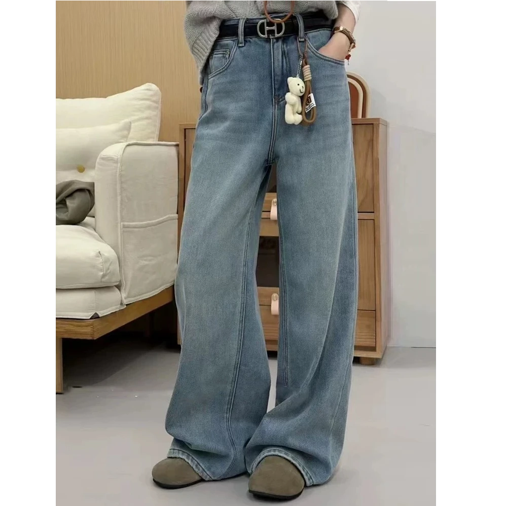 【no退no换 谨慎下单】小熊挂件加绒直筒阔腿裤牛仔裤长裤 3070