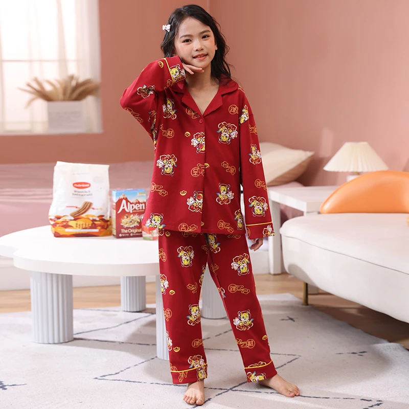 儿童睡衣女童春秋长袖纯棉女孩龙年本命年睡衣大红色家居服套装秋