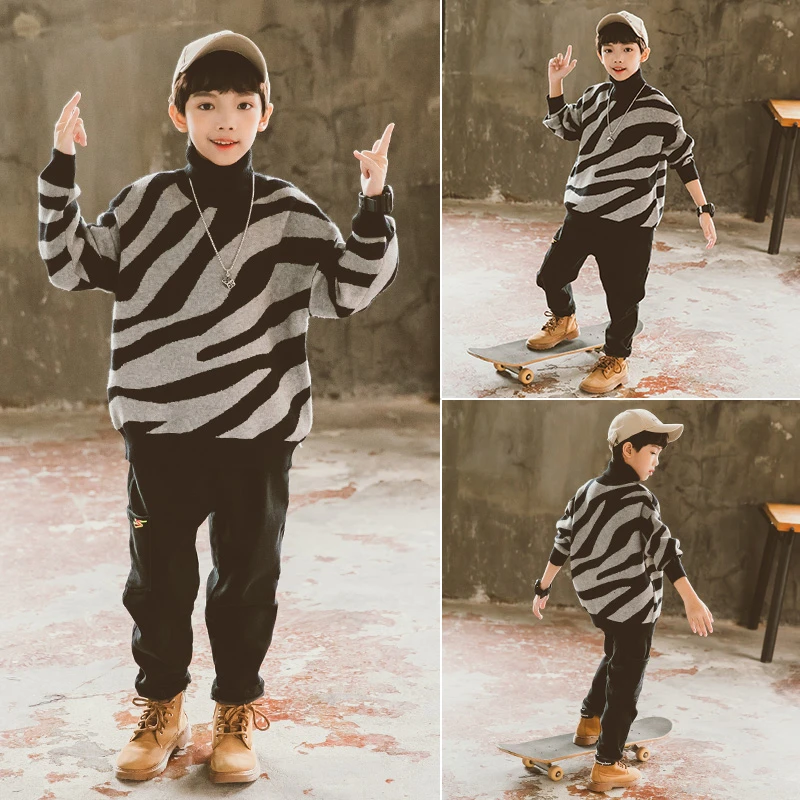 新款男大童毛衣套头春秋冬款中大童男孩洋气儿童加厚高领针织衫潮