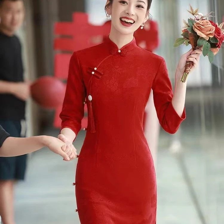 红色旗袍敬酒服2023年新款中袖新娘结婚订婚回门古法高级感年轻款