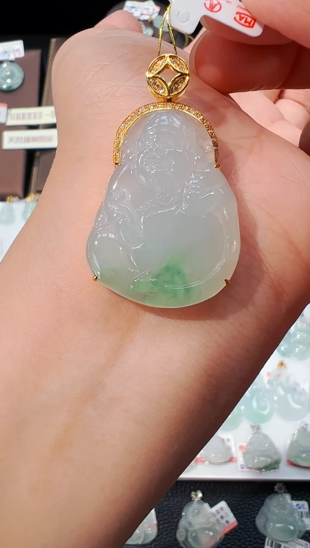 【闪购商品】翡翠吊坠(不含链)18K金镶嵌财神爷吊坠A01