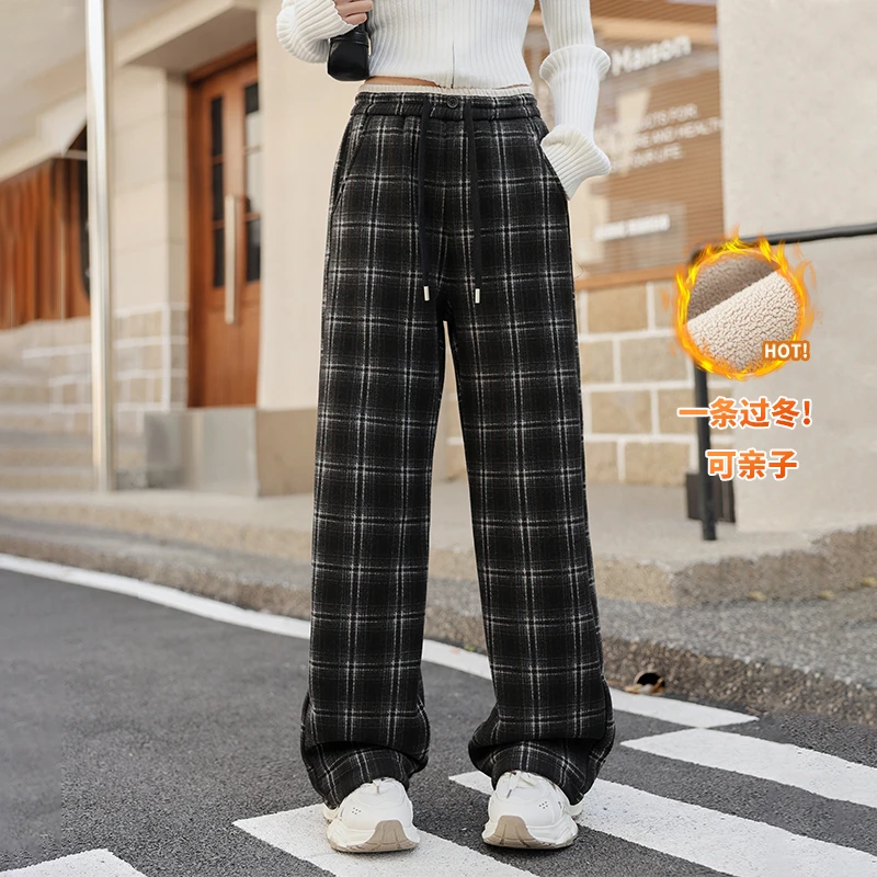 【断码特价】女大童裤子加绒加厚洋气格子裤一体绒女童阔腿裤冬款