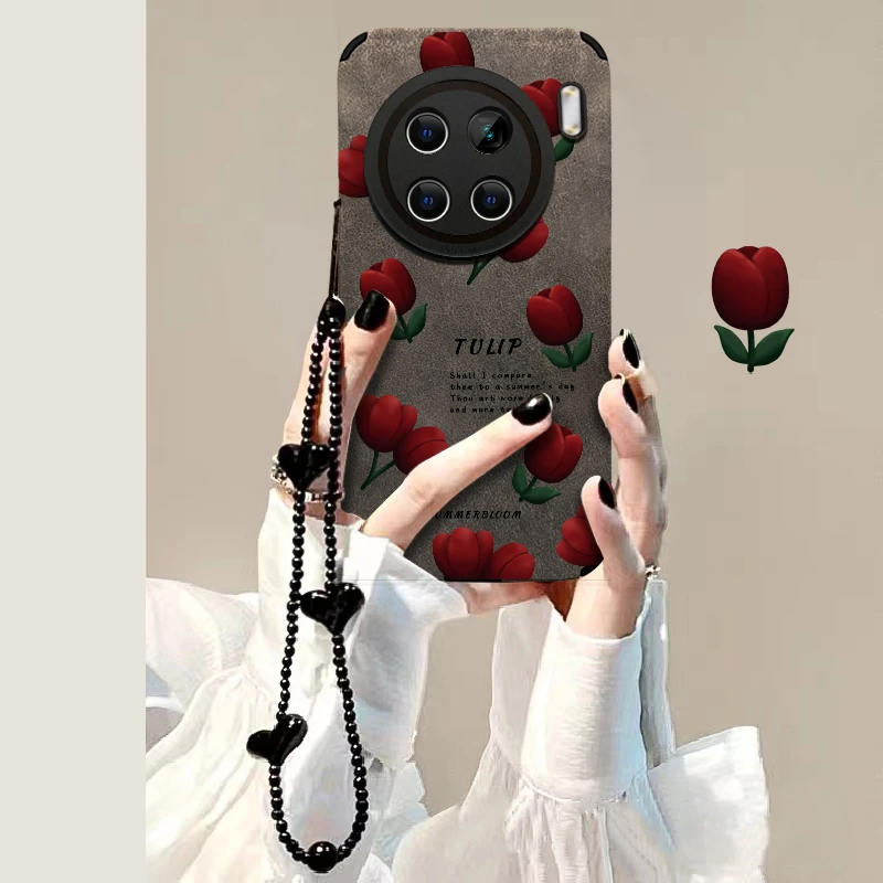 适用VIVOX90手机壳满屏郁金香皮质软壳个性女款可爱全包防摔ins