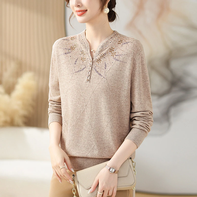 【大唐夫人】中老年妈妈秋冬纯羊毛针织衫洋气国风旗袍领打底衫女装