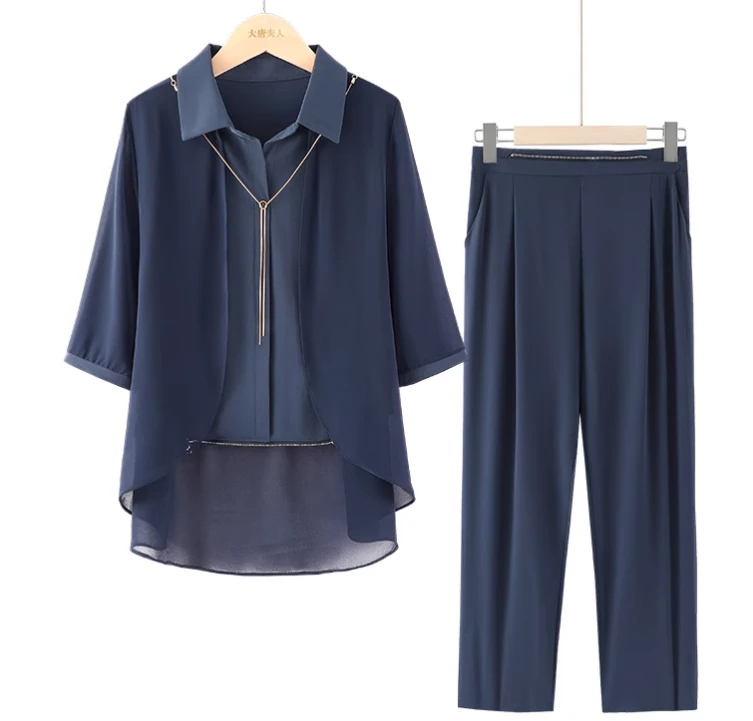 妈妈春夏装减龄翻领两件套气质薄款修身时尚套装洋气中年女装801