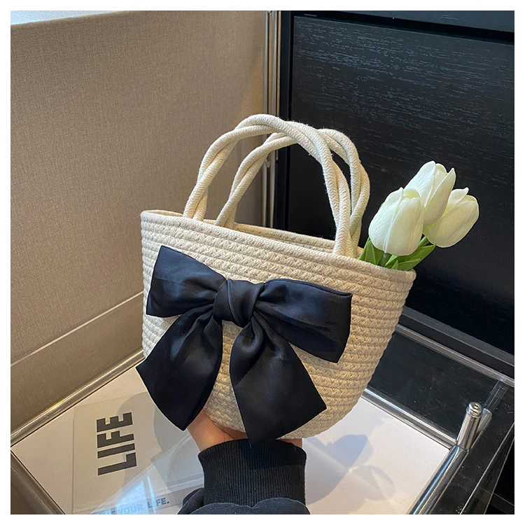 棉绳编织手提包蝴蝶结装饰通勤女包萝莉可爱手提包拍照沙滩