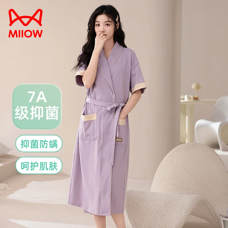 MiiOW/猫人纯棉睡袍女款夏季大码晨袍短袖薄款抗菌高档女士浴袍
