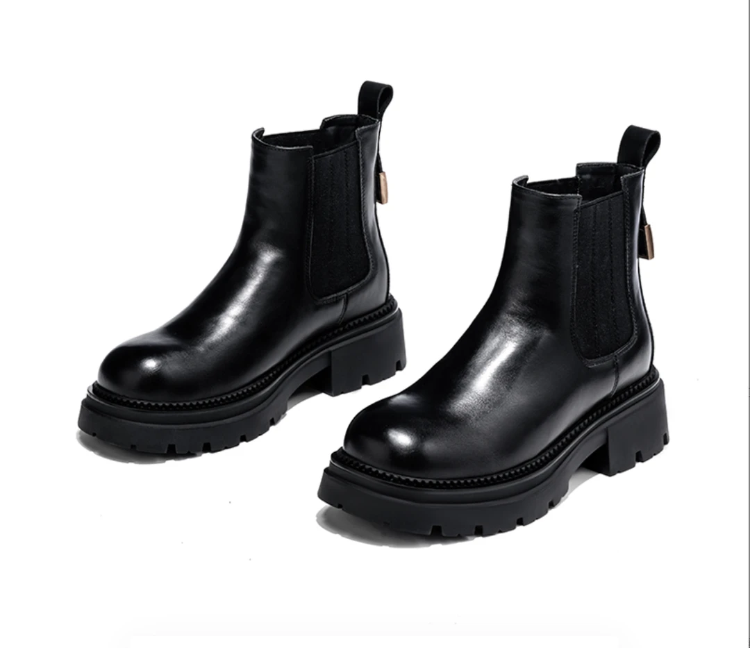 秋冬新款时尚休闲百搭黑色女士真皮切尔西靴  MD34118F28