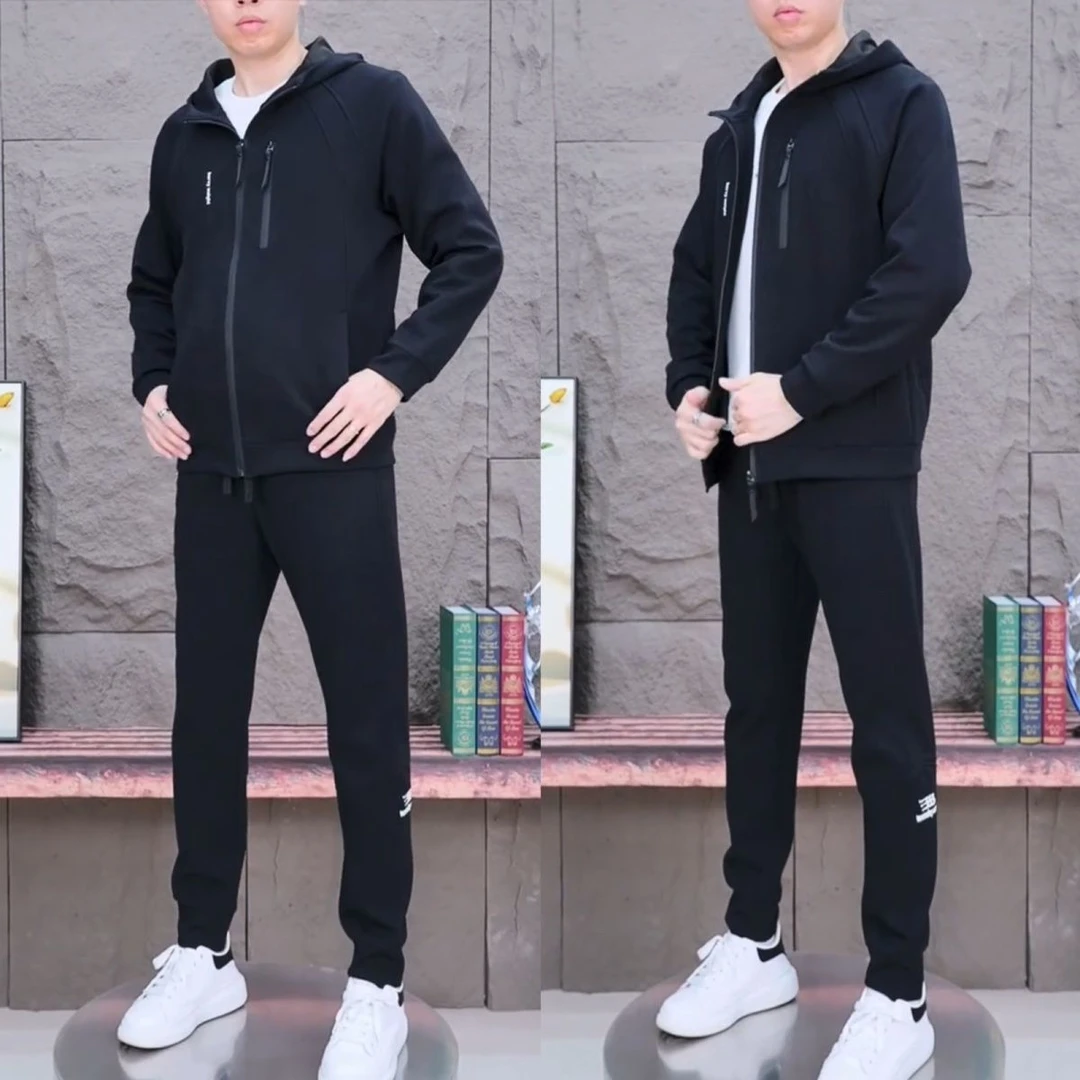秋冬新款拉链连帽休闲外套套装潮流时尚男士夹克运动两件套运动服