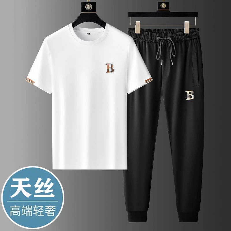 欧洲站潮牌高端宽松潮流夏季薄款套装男士新款韩版冰丝两件套时尚