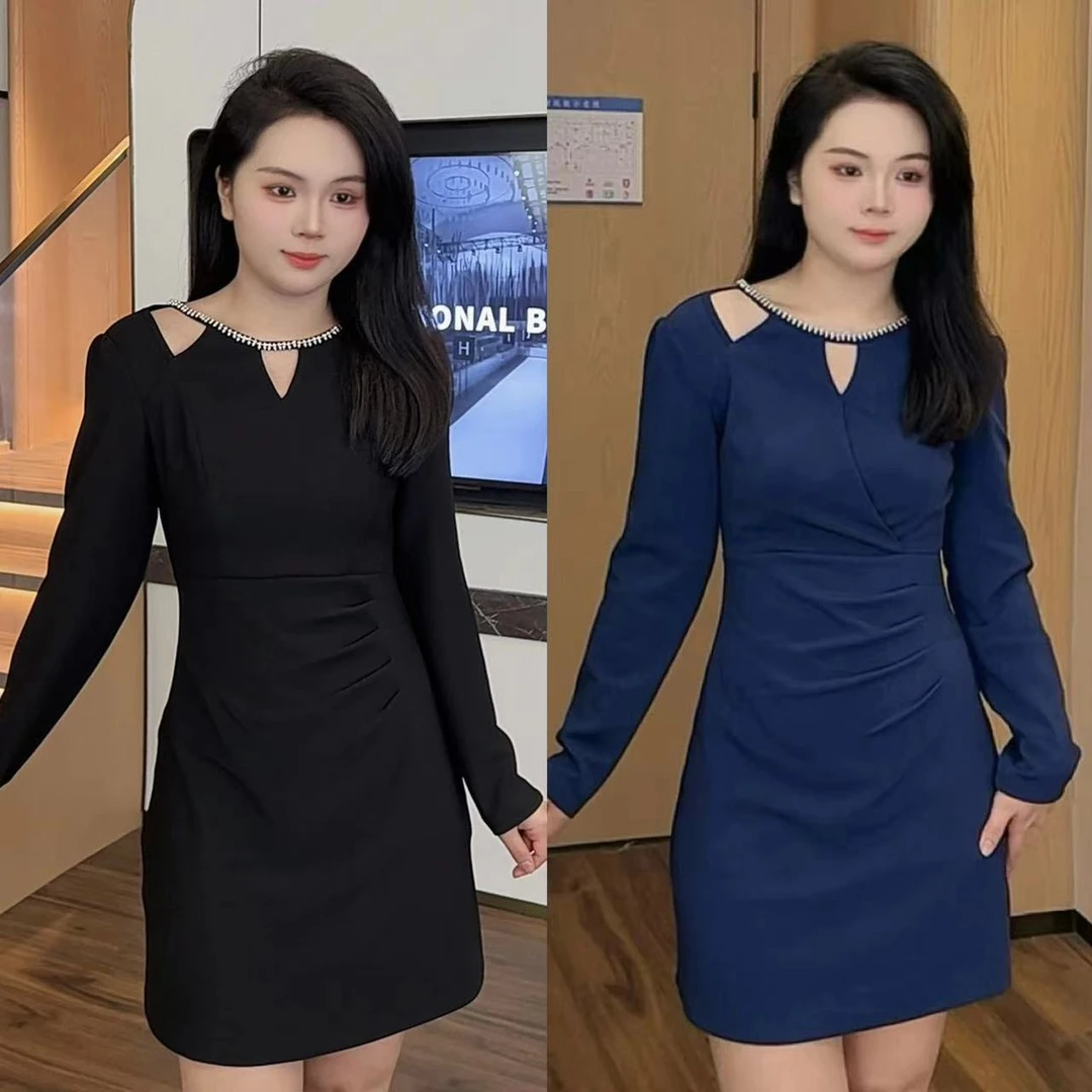 大梦微胖定制~【JDM913】时尚气质显瘦早秋小众蓝色连衣裙