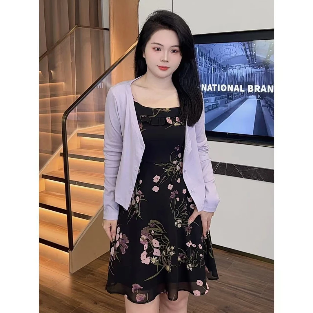 大梦穿搭微胖【DM862】时尚显瘦藏肉方领连衣裙+开衫