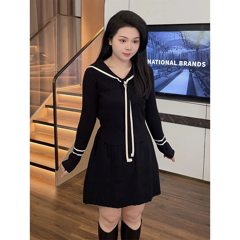 大梦微胖定制【JDM1054两件套】显瘦遮肉学院风海军领针织上衣+半裙