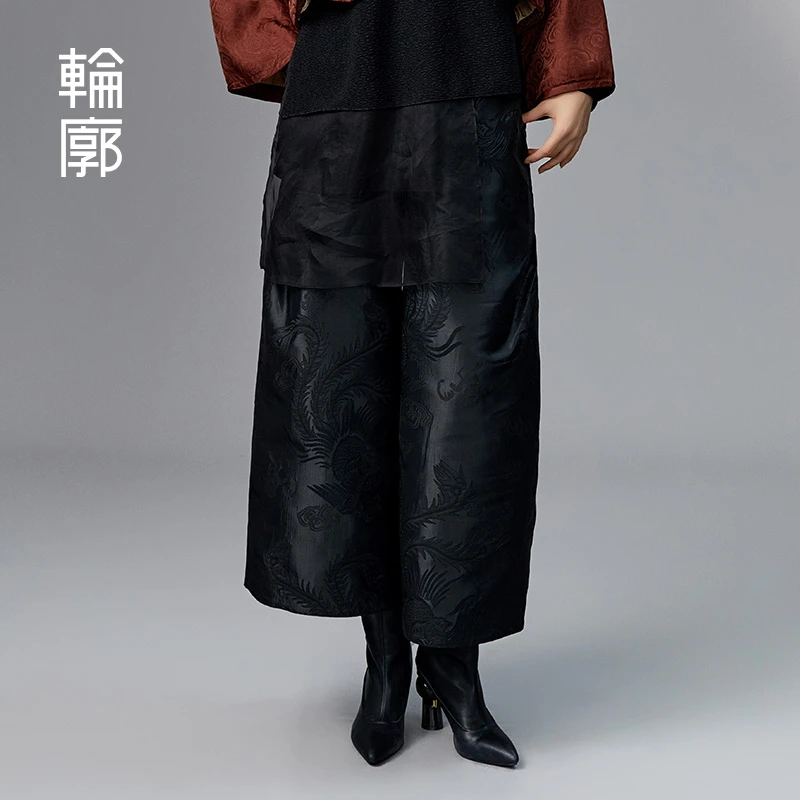 轮廓凤舞九天提花休闲裤L233K005复古宽松民族风宽松显瘦阔腿裤子