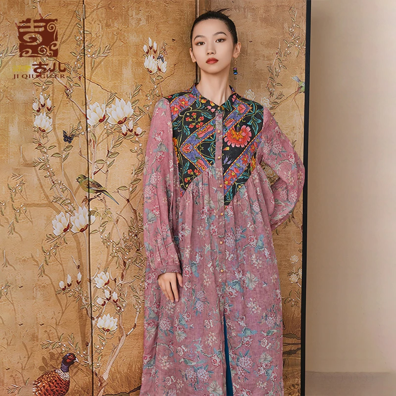 吉丘古儿粉瓷声香民族风衬衫裙G233Y805小立领几何分割印花衬衣