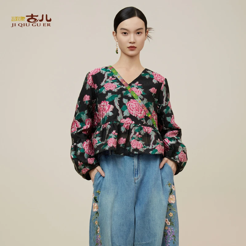 吉丘古儿春信中式复古气质衬衫时尚长袖提花上衣小衫G243Y075